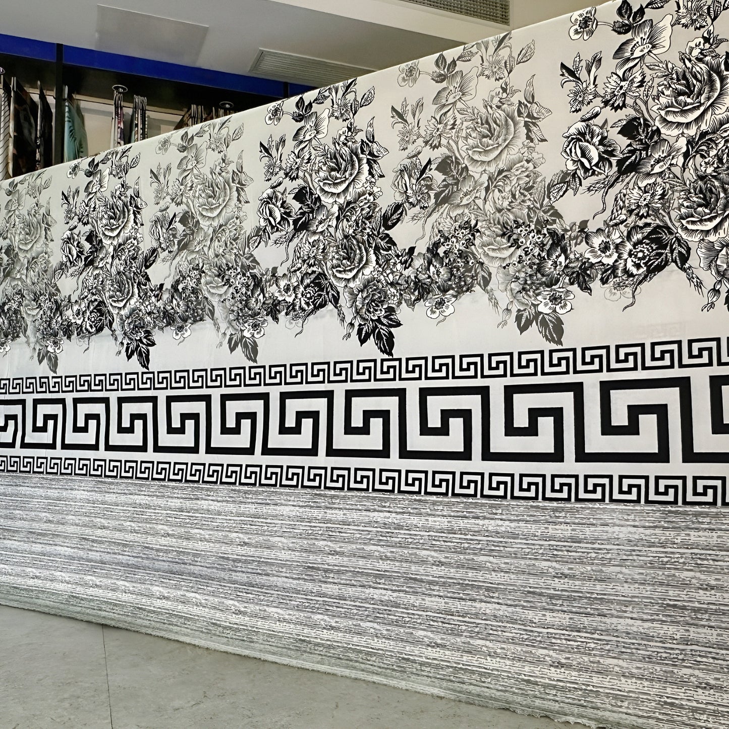 Black and white floral bedsheet with Greek key border luxury design