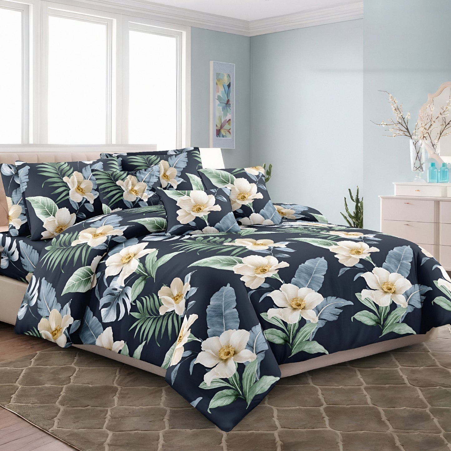 Premium blue tropical floral bedsheet — soft, breathable & durable. Perfect for modern UAE bedrooms. مفرش أزرق بنقشة زهور استوائية ناعم ومتين