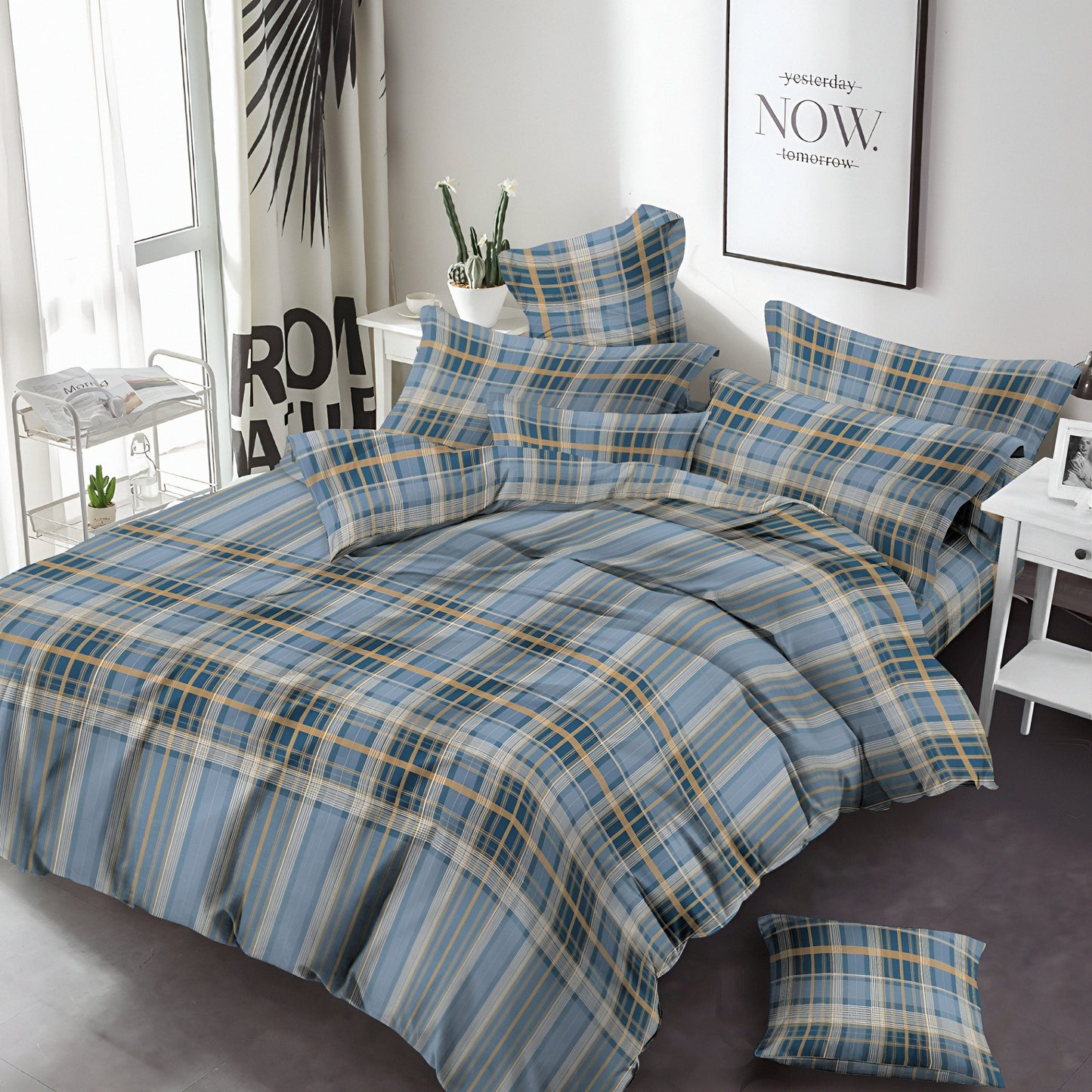 Blue checkered cotton bedsheet set for bedroom comfort – طقم سرير قطن بنقشة مربعات
