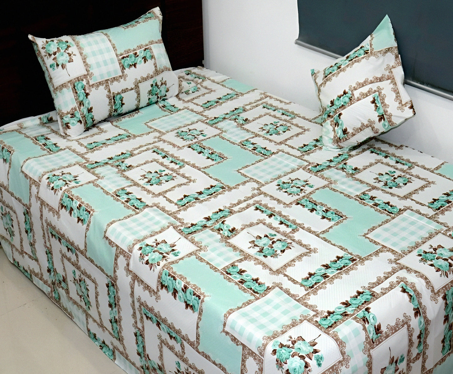 Mint floral cotton bedsheet with matching pillow covers