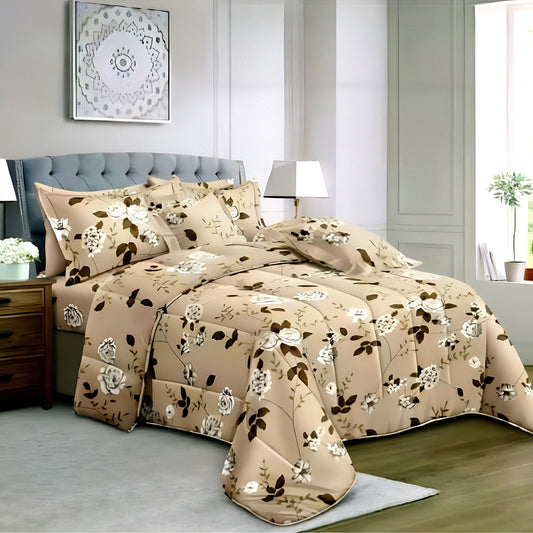 Beige floral luxury bedsheet set styled on a modern bed in a Dubai home interior.
