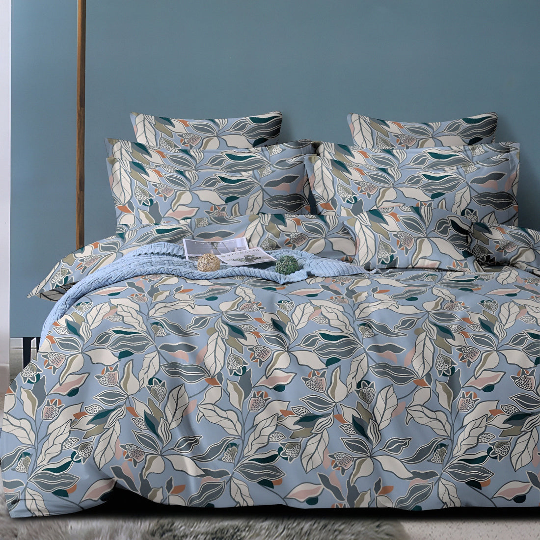 Luxury floral printed blue bedsheet set with elegant leaf design for modern bedroom décor