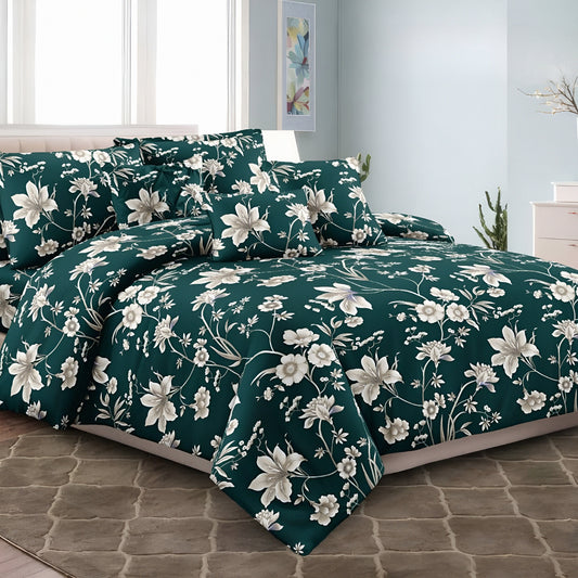 Emerald green floral cotton bedsheet set with white flower print styled in modern bedroom interior.