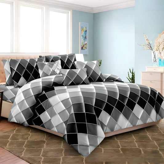 Modern black & gray geometric bedsheet on a styled bed — مفارش هندسية بالأسود والرمادي لغرفة نوم عصرية في الإمارات