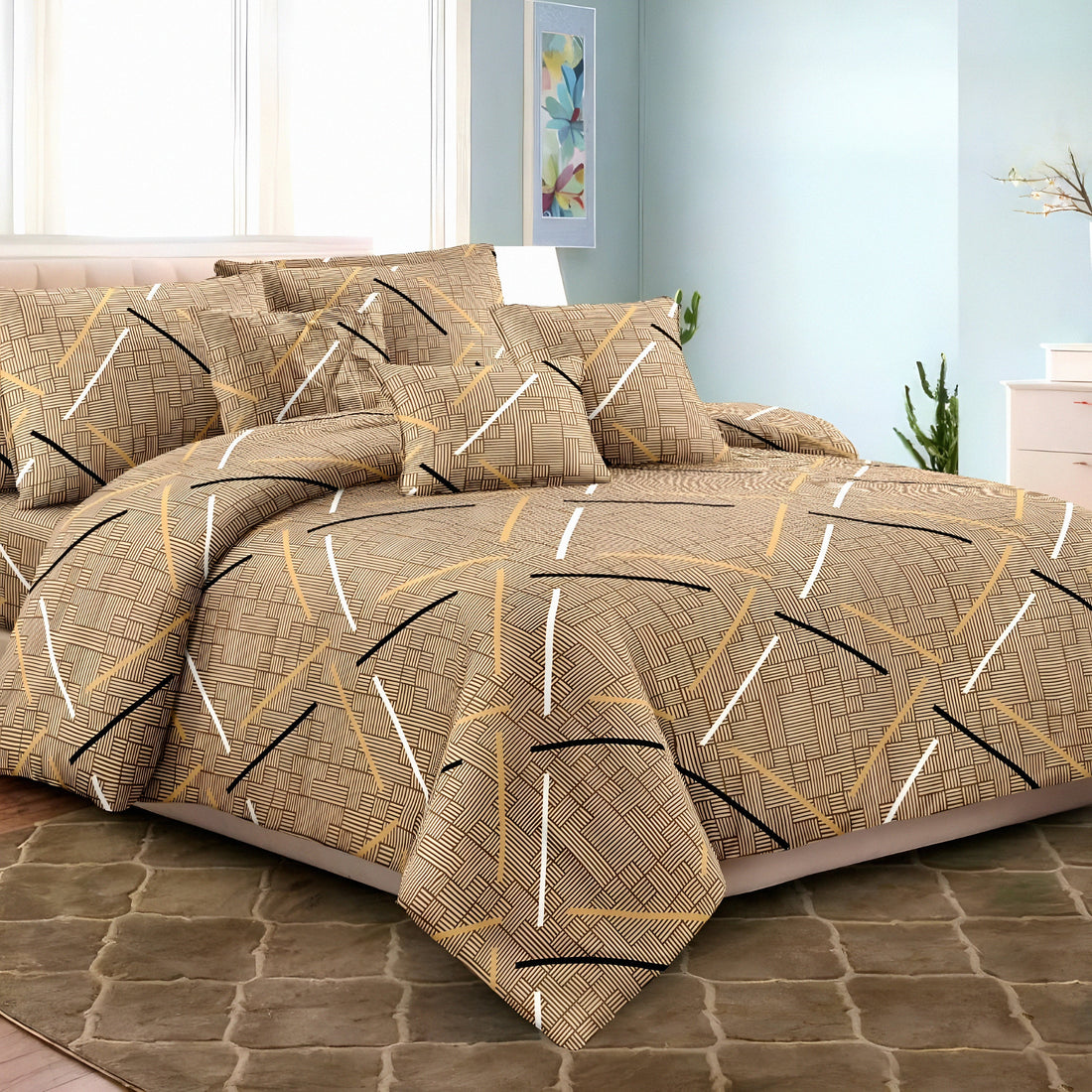 Luxury geometric printed cotton bedsheet set in brown color displayed on a modern bedroom bed