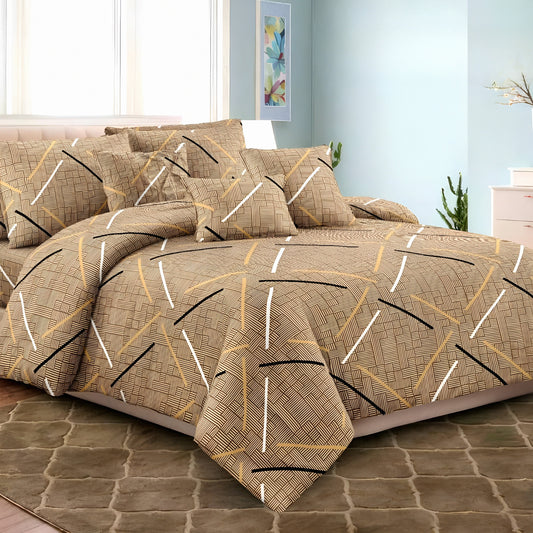 Luxury geometric printed cotton bedsheet set in brown color displayed on a modern bedroom bed