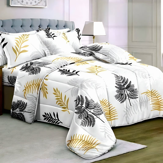 Gold & black leaf print bedsheet set on a styled modern bed — طقم ملاية بنقشة أوراق باللون الذهبي والأسود لغرفة نوم أنيقة في الإمارات