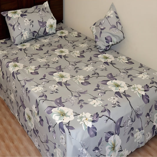 Luxury grey floral bedsheet with elegant white and purple flower print مفرش سرير رمادي بنقشة زهور فاخرة