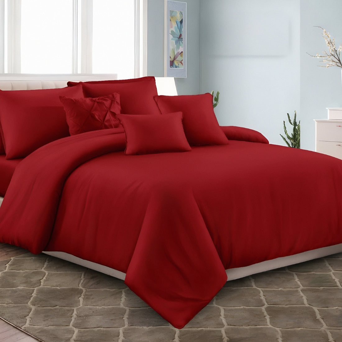 Red plain mix cotton bedsheet set styled on modern bedroom bed