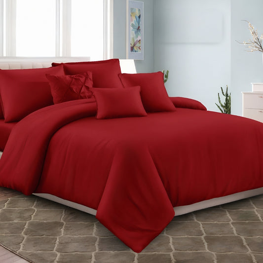 Red plain mix cotton bedsheet set styled on modern bedroom bed
