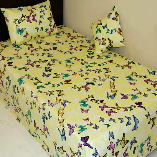 Yellow butterfly printed bedsheet for stylish UAE bedrooms – طقم ملاية بطبعة فراشات