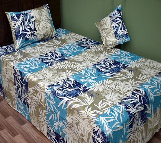 Cyan and gray bedsheet roll spread on bed showing leaf pattern and texture.