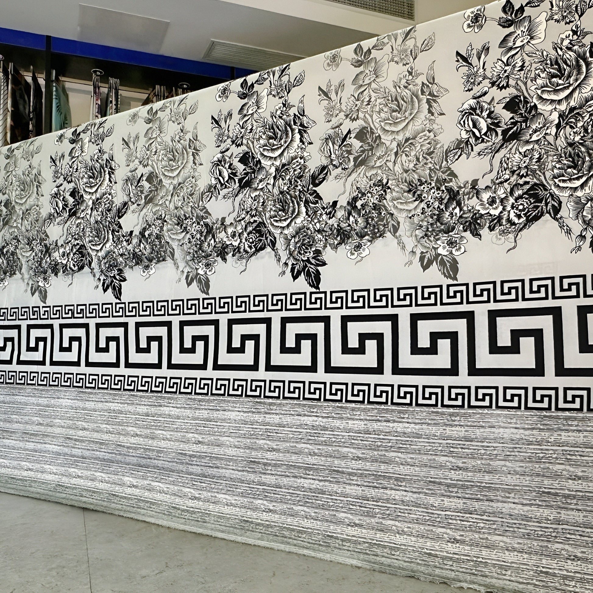 Black and white floral bedsheet with Greek key border luxury design