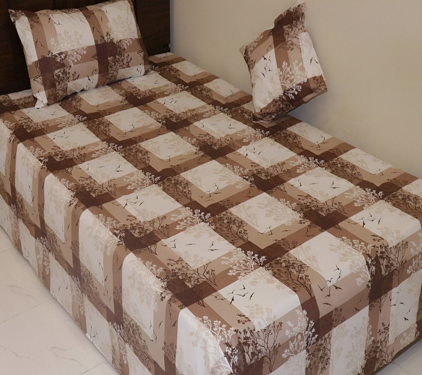 Checked cotton bedsheet set in orange and with pillow covers