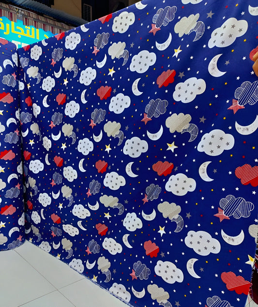 Cloud, star and moon print blue cotton bedsheet — soft, breathable & machine-washable.