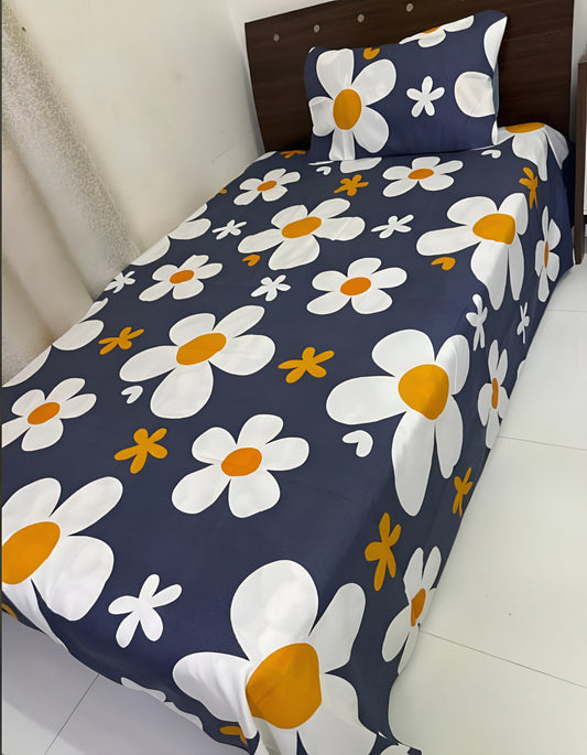 Navy Floral Single Bedsheet Set - White & Yellow Flowers