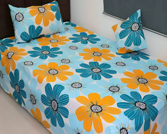 Blue and yellow floral cotton bedsheet with matching pillow covers
