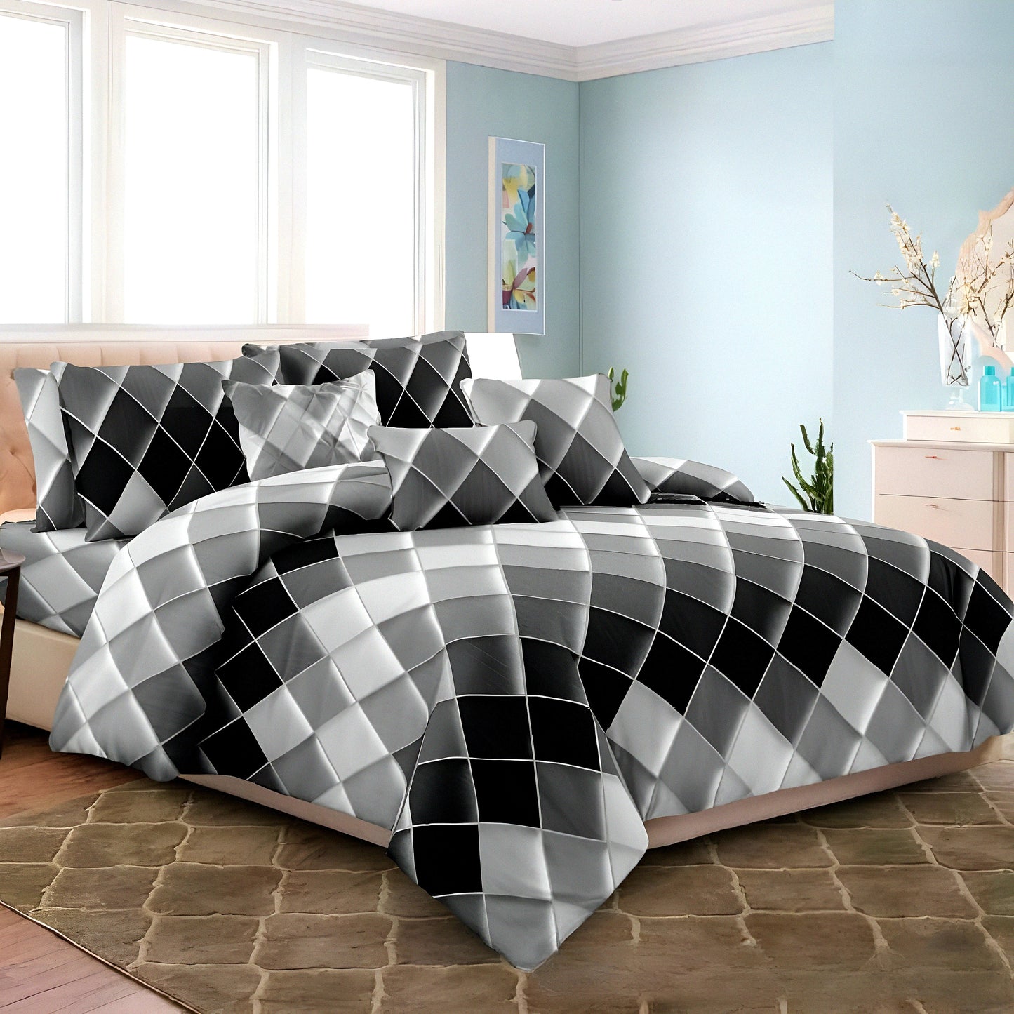 Black & gray geometric bedsheet set for modern bedrooms – مفارش سوداء ورمادية بنقشة هندسية لغرف عصرية