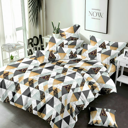 Geometric patterned bedding set on a bed in a room with decor elements.