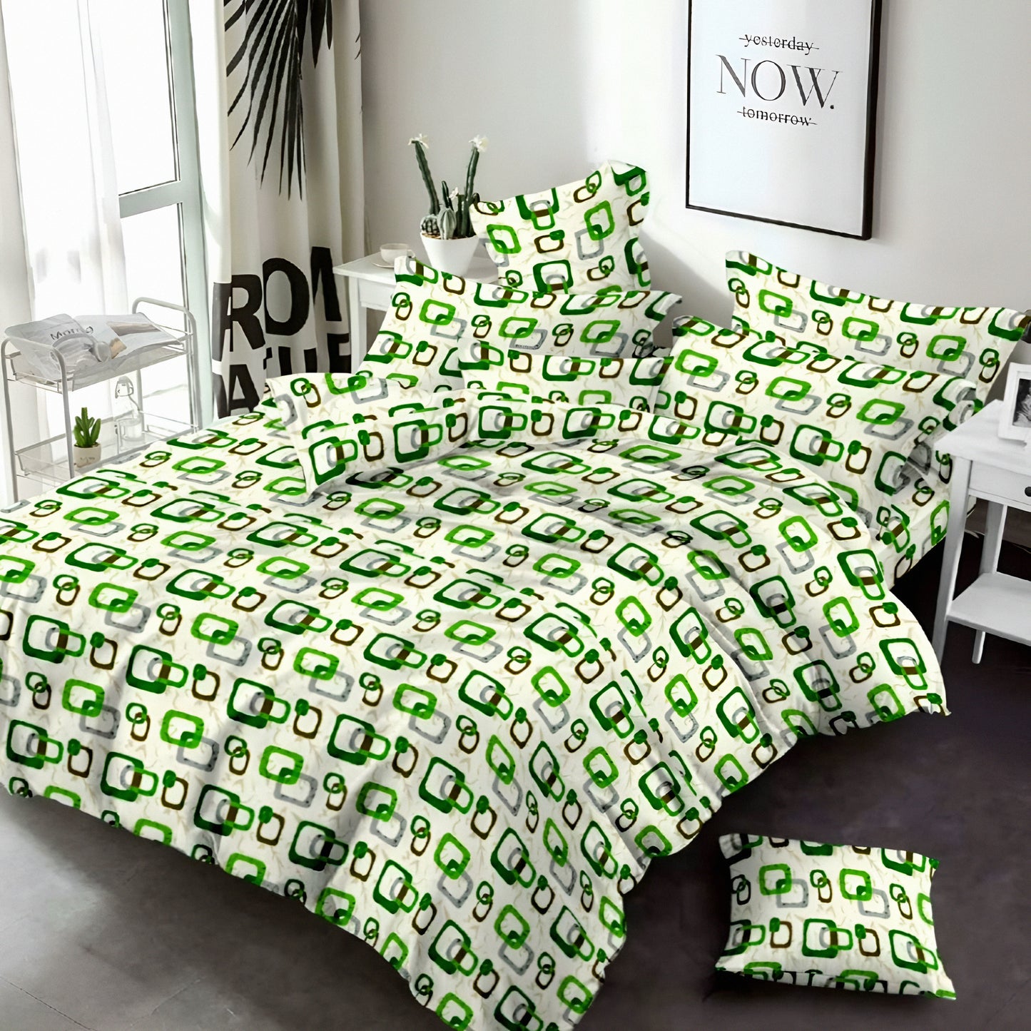 Geometric green & gray cotton bedsheet set — soft, breathable, King size — ideal for UAE homes