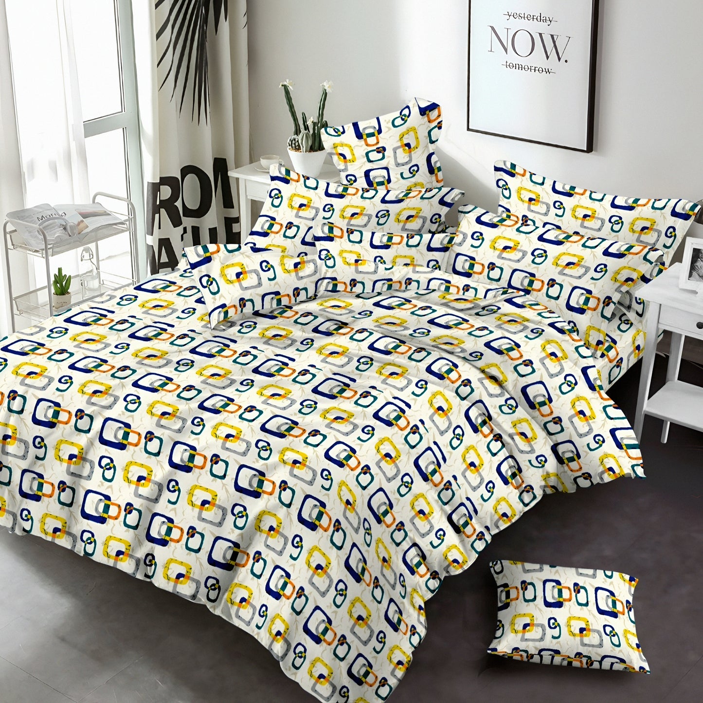 طقم ملايات قطنية بنقشة هندسية ألوان أصفر وأزرق — ناعم وقابل للتنفس — مثالي للمنازل في الإمارات