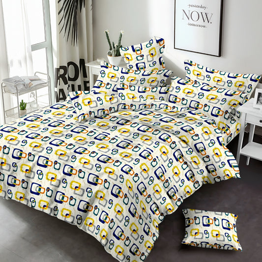 طقم ملايات قطنية بنقشة هندسية ألوان أصفر وأزرق — ناعم وقابل للتنفس — مثالي للمنازل في الإمارات