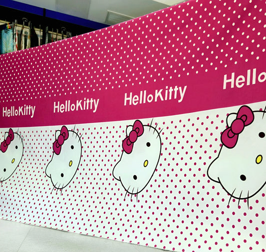 Official Hello Kitty pink mixed-cotton bedsheet roll displayed for wholesale buyers — available Single to King.