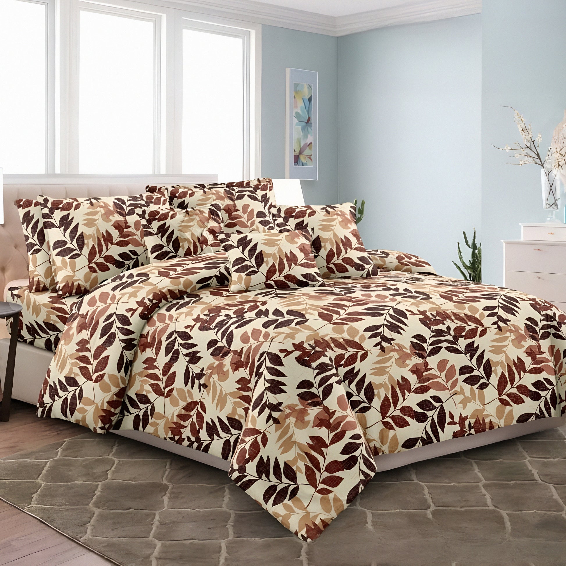 Leaf print luxury bedsheet set in warm tones – طقم ملاية بطبعة أوراق