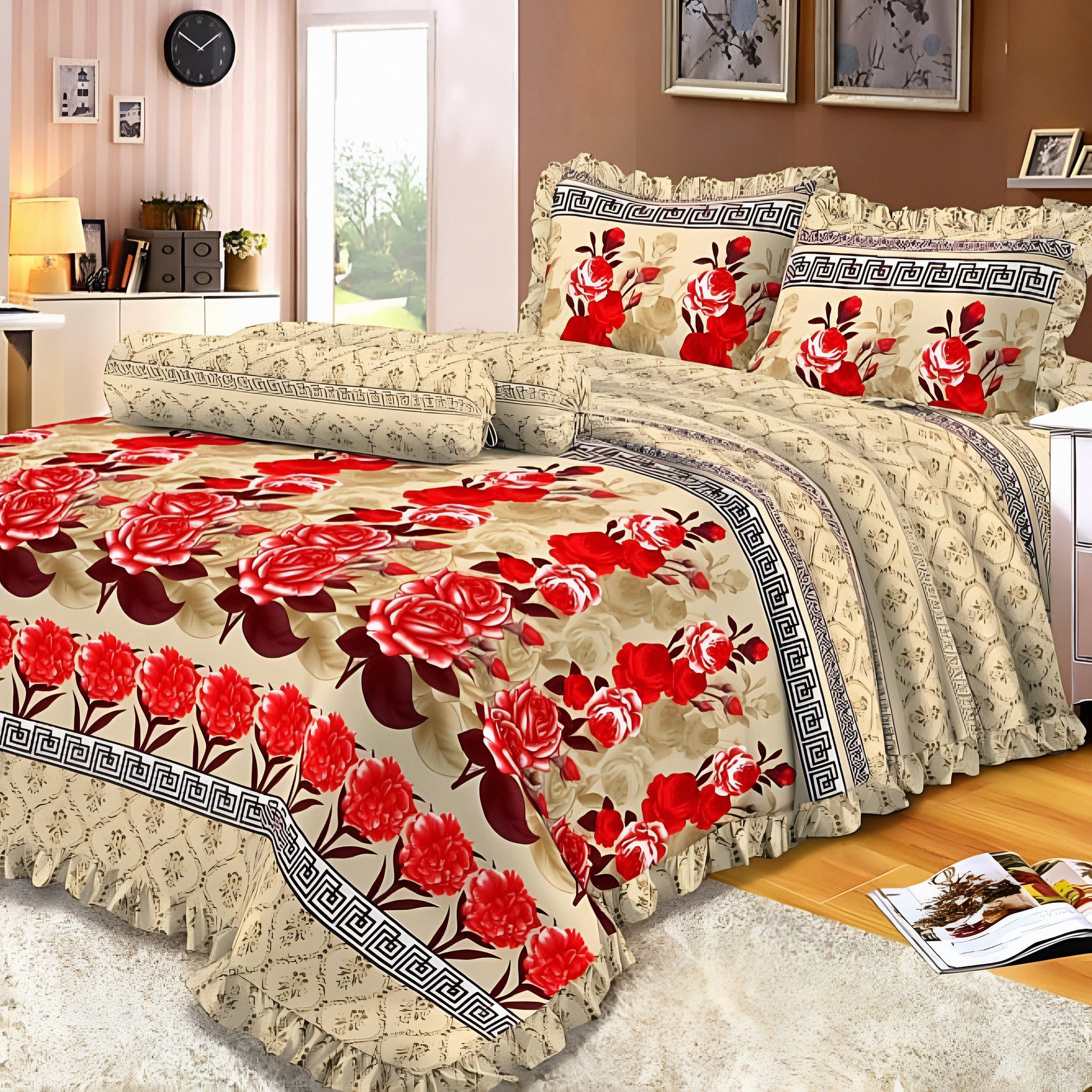 Floral bedding set with red roses on a bed in a bedroom.