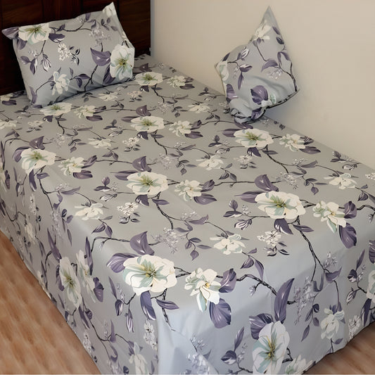 Grey floral bedsheet with elegant white and purple flower design مفرش سرير رمادي بنقشة زهور
