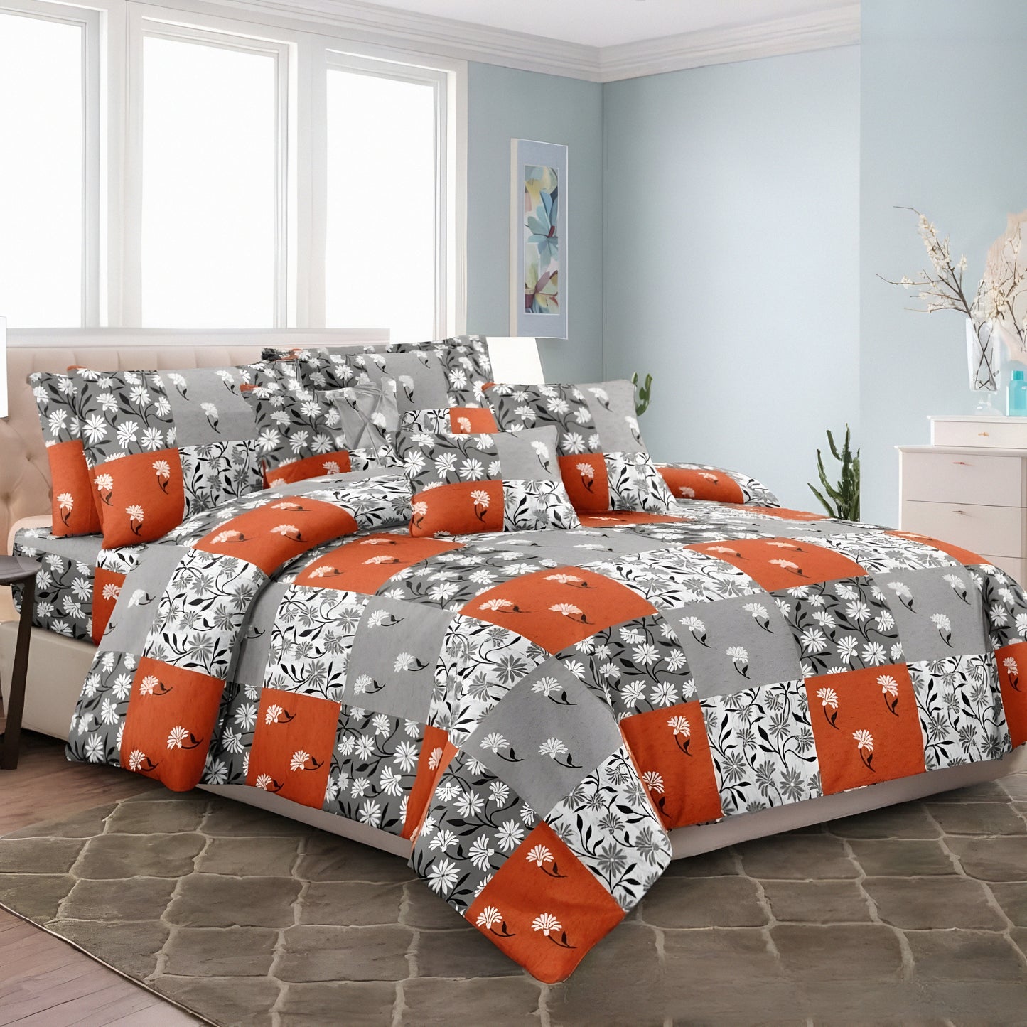 Premium floral grey bedding soft & breathable mix cotton bedsheet in uae