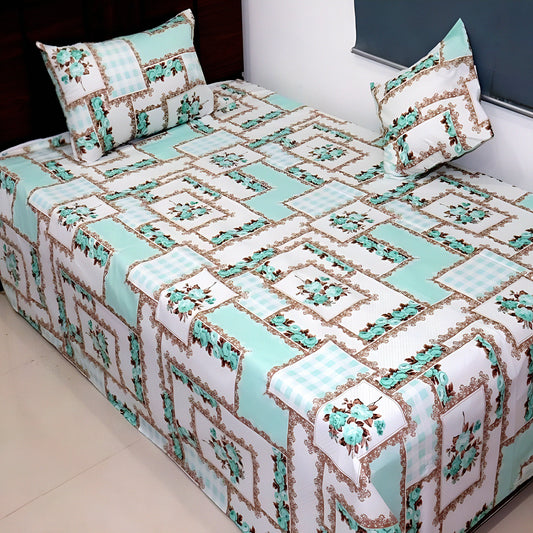 Bedspread set with geometric pattern on a bed