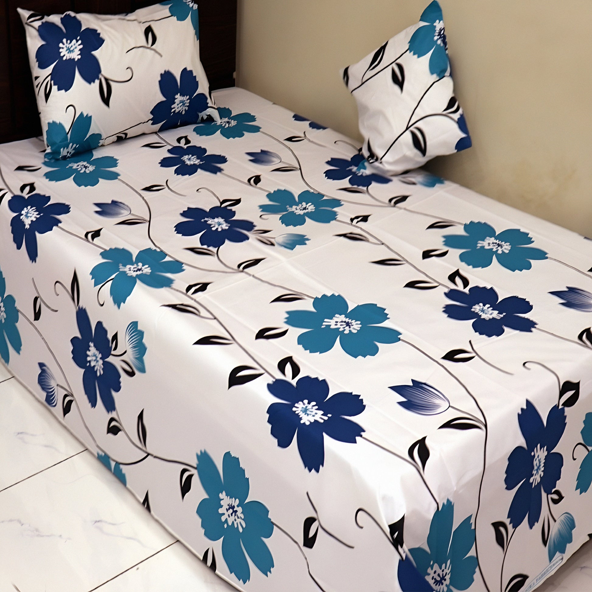 Luxury off-white mix cotton bedsheet with cyan and blue floral design