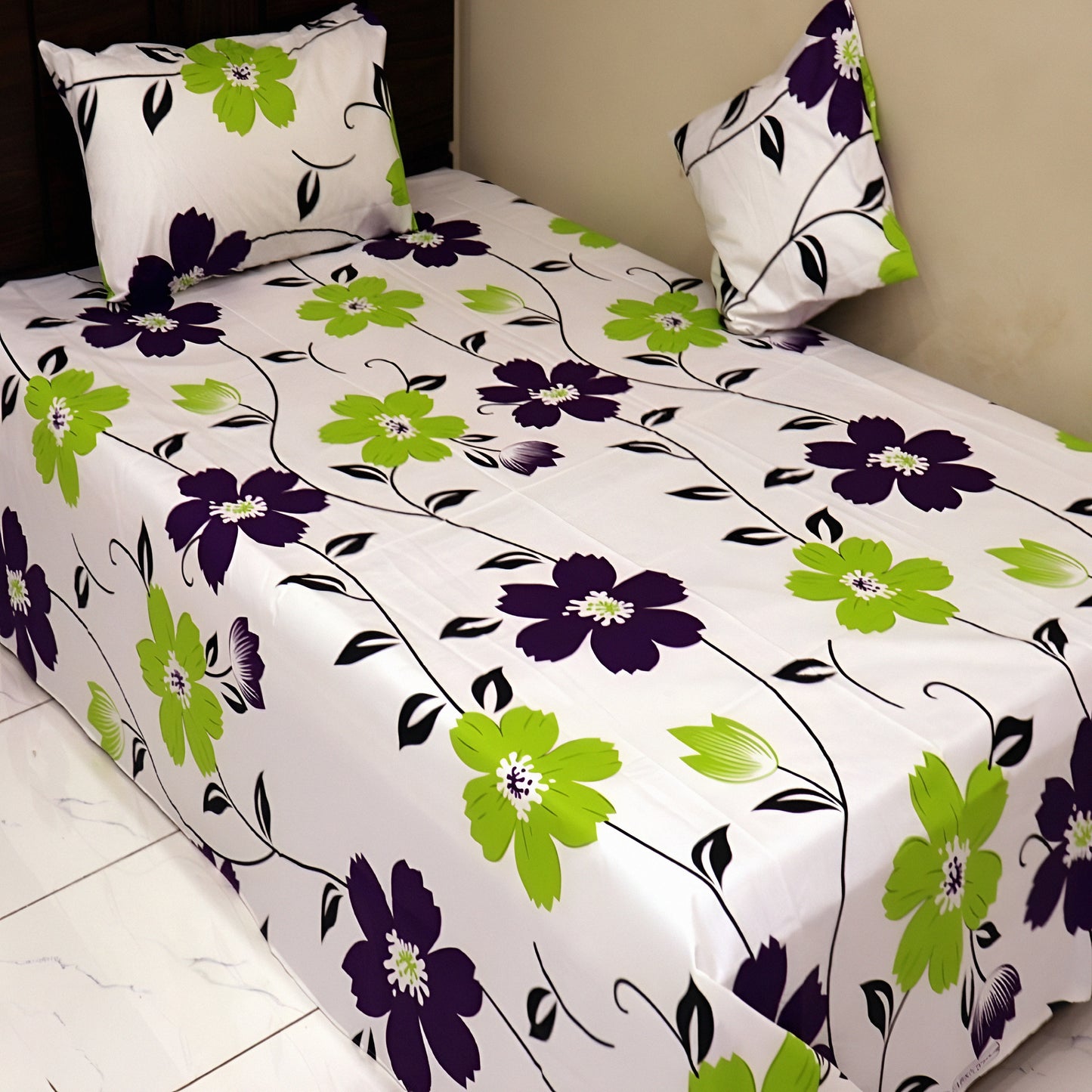 Premium off-white mix cotton bedding set with green and black floral design