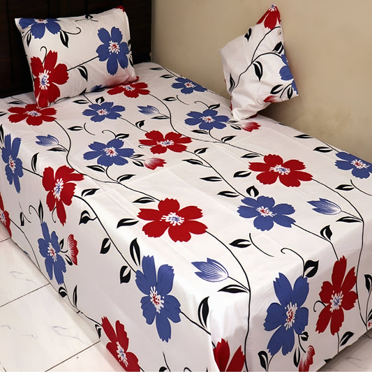Off-white cotton bedsheet with red and blue floral design