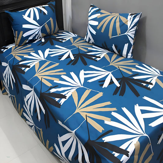 Luxury Blue mixed cotton bedsheet with beige, black, and white leaf print design with pillow covers.