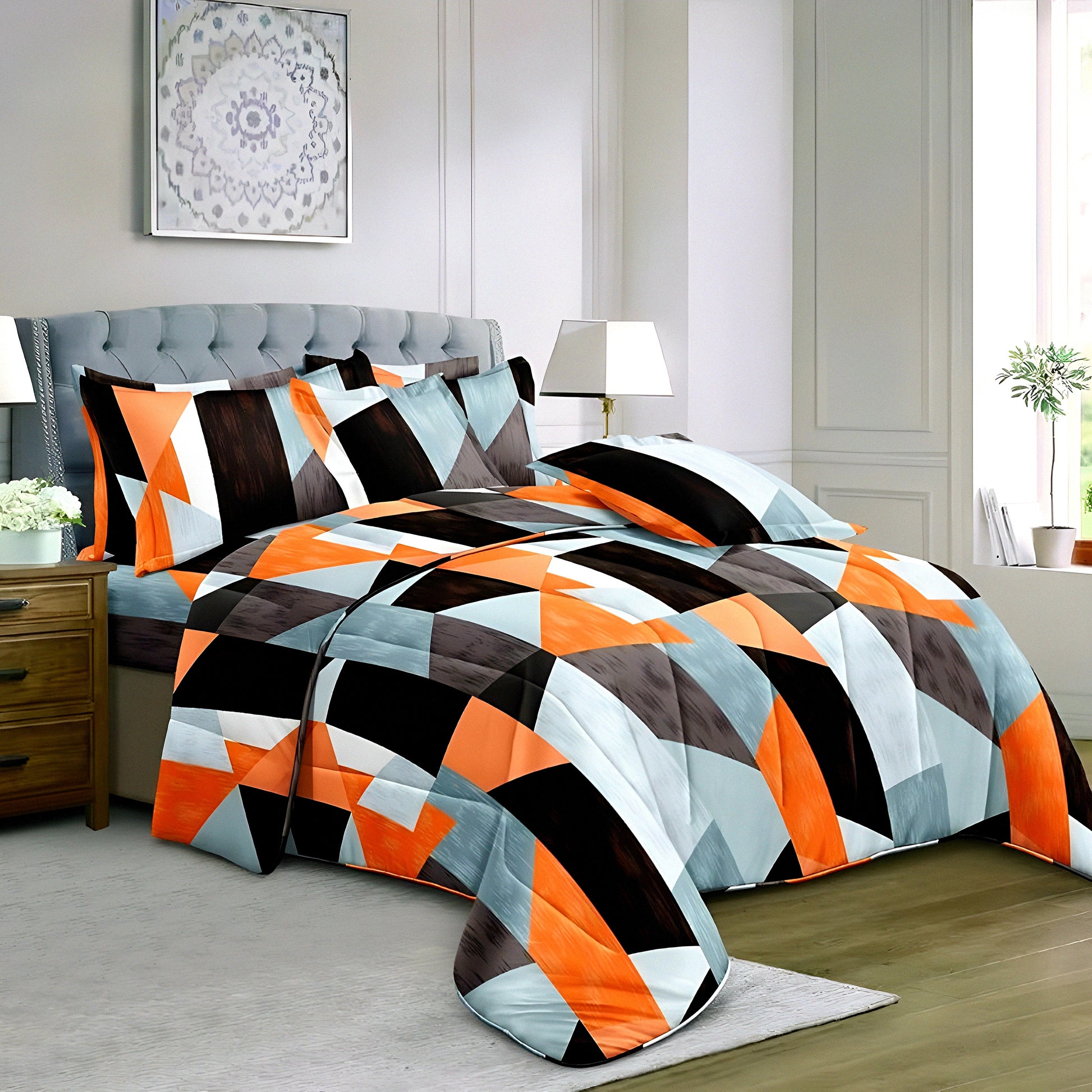 Close-up soft cotton weave and pattern detail of orange bedsheet set
