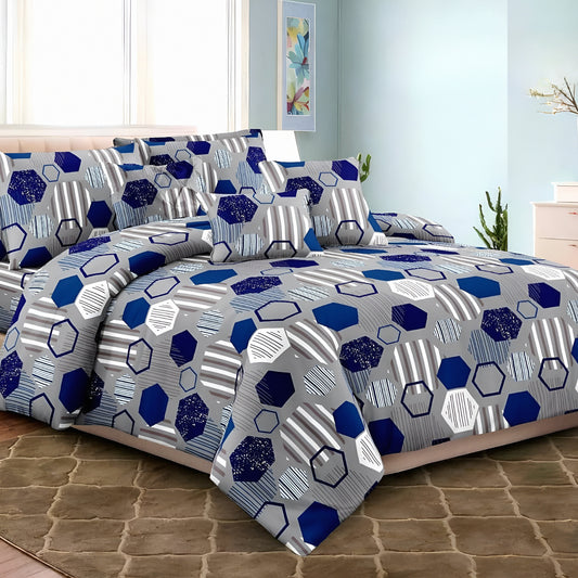 Modern blue and grey geometric printed cotton bedsheet on bed