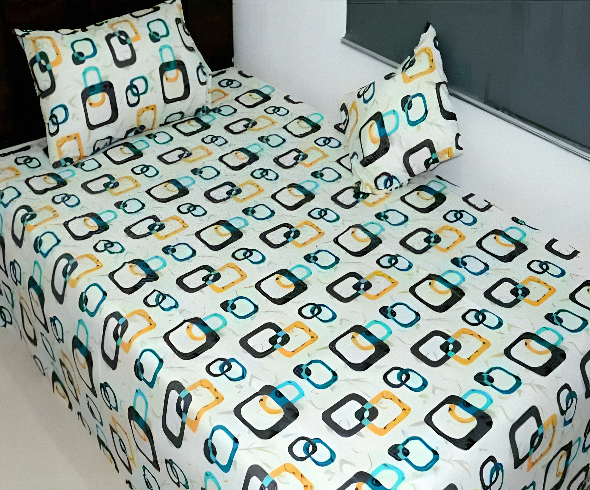 Modern cyan geometric print cotton bedsheet with pillow covers
