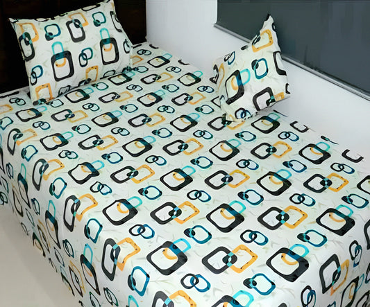 Modern cyan geometric print cotton bedsheet with pillow covers