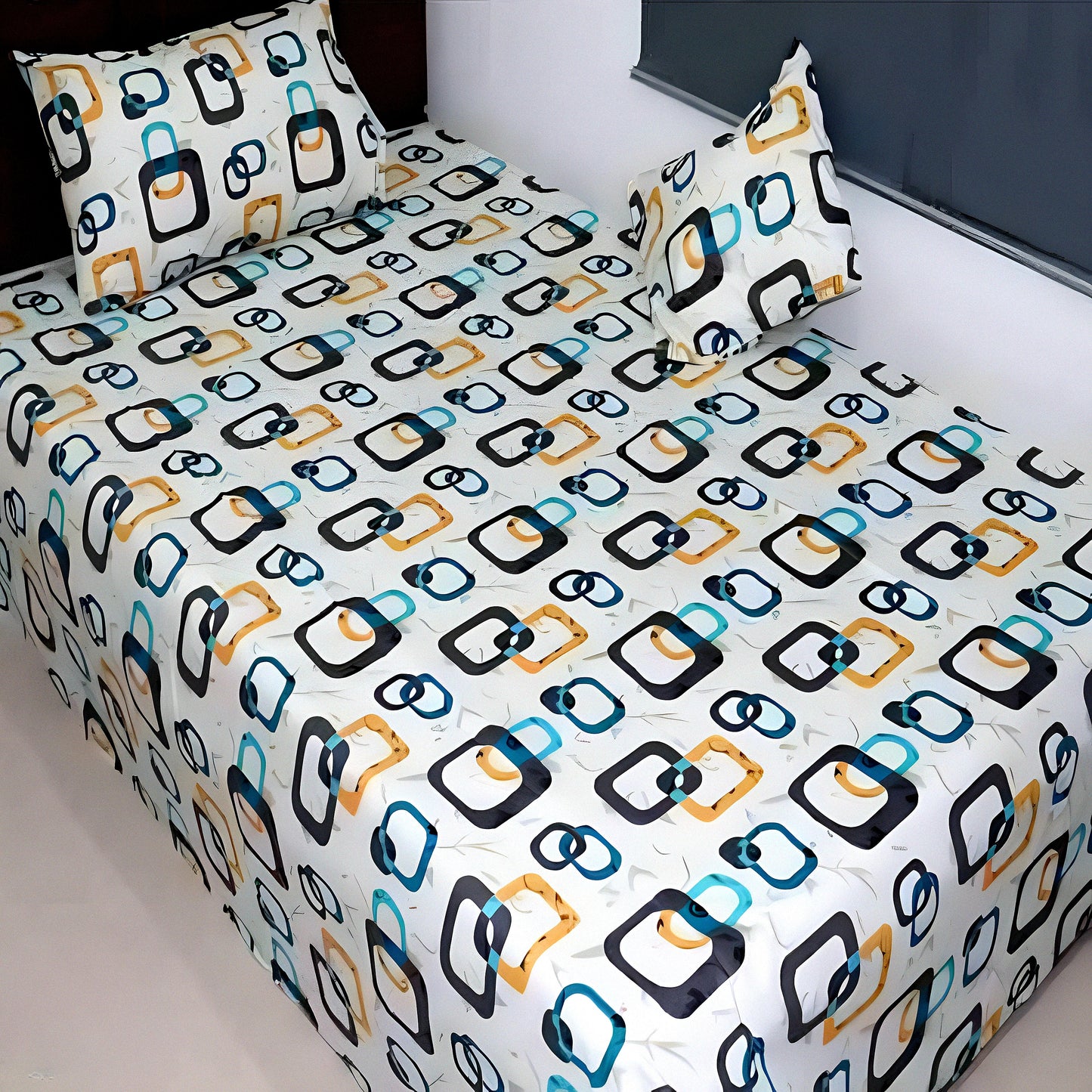 Modern cyan geometric print cotton bedsheet with pillow covers