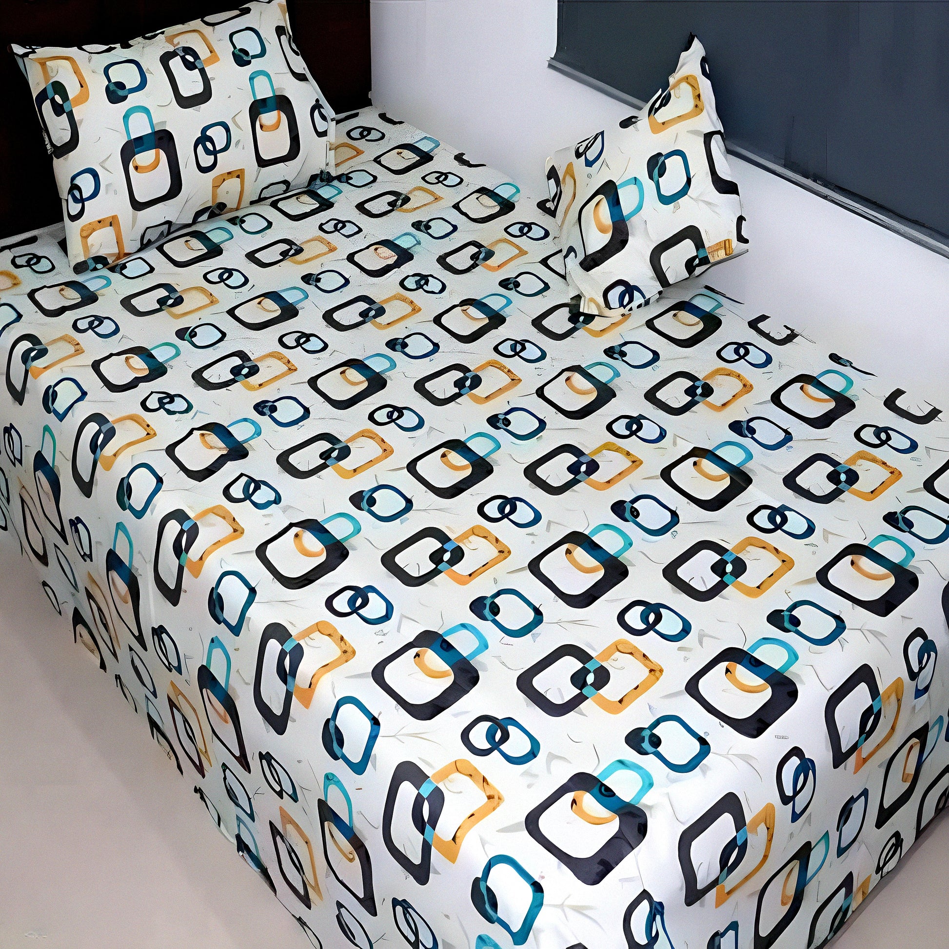 Modern cyan geometric print cotton bedsheet with pillow covers