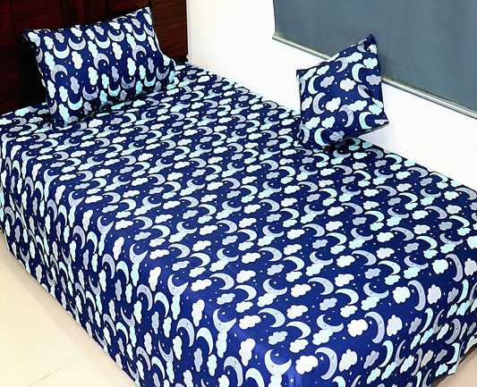Blue cotton bedsheet with moon and cloud night sky design — مفرش قطن أزرق بطبعة القمر والغيوم من مارجان3x