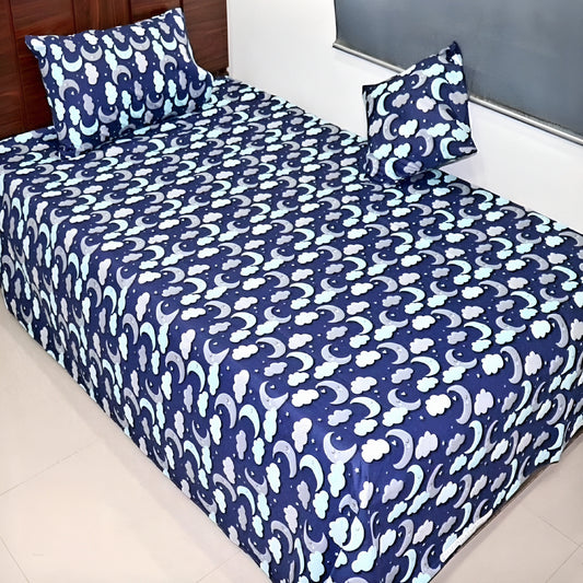 Blue cotton bedsheet with moon and cloud night sky design — مفرش قطن أزرق بطبعة القمر والغيوم من مارجان3x