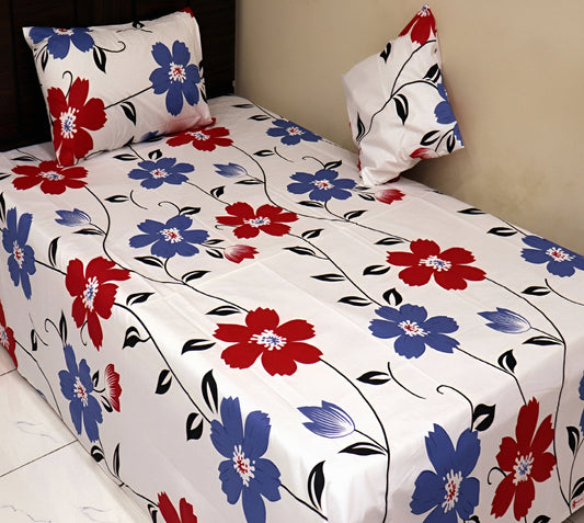Off-white cotton bedsheet with red and blue floral design