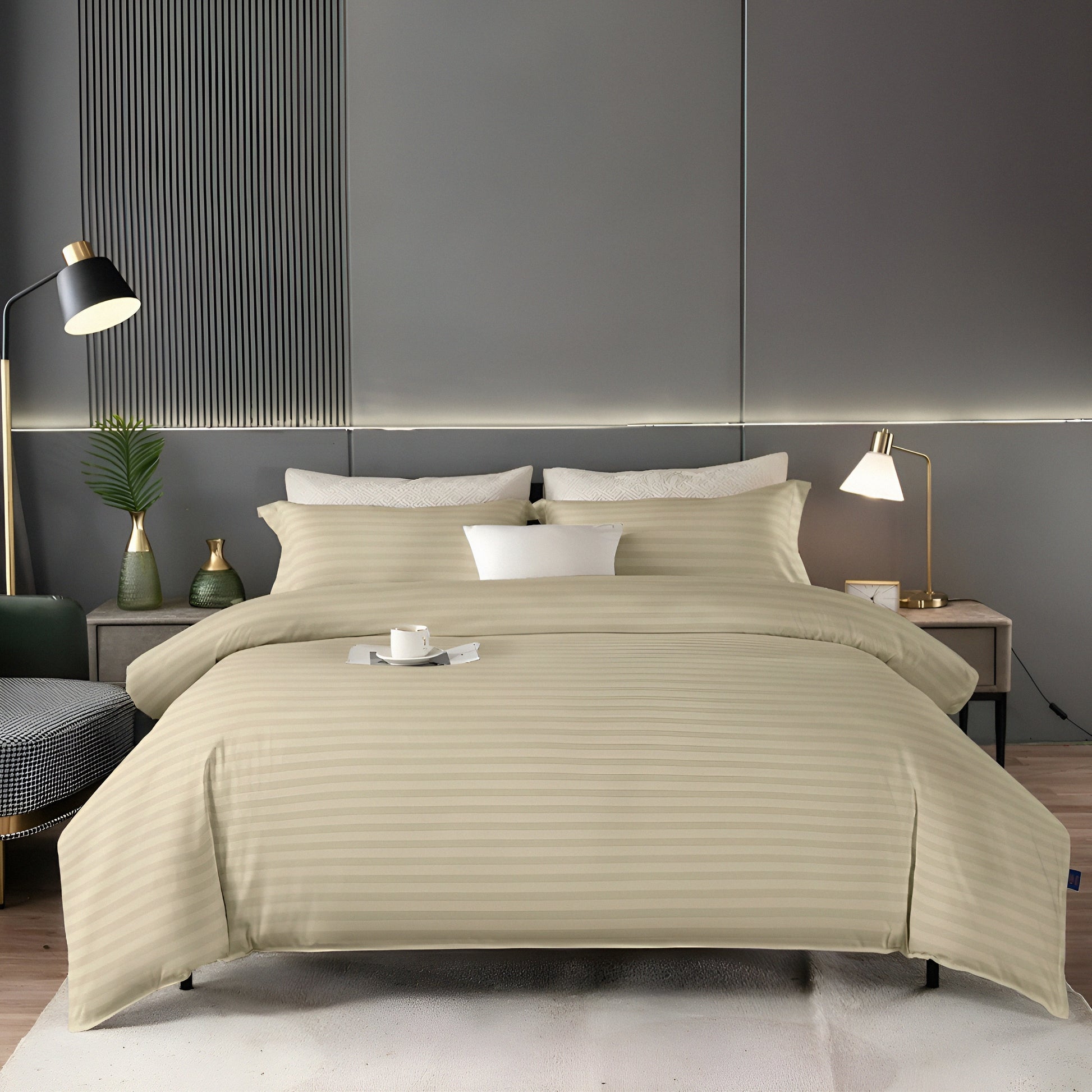 A complete queen-size bedsheet set in deep beige, made from premium ultra-soft microfiber, shown neatly folded.
