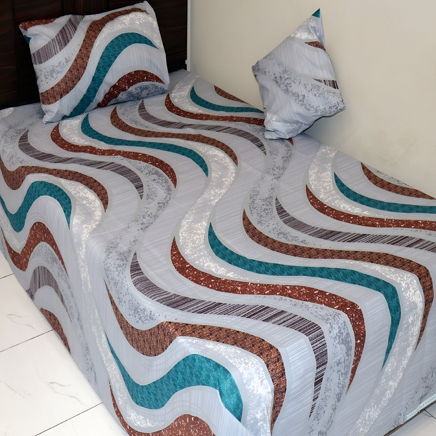 Silver base cotton bedsheet with wave pattern in teal, copper brown, and white.
