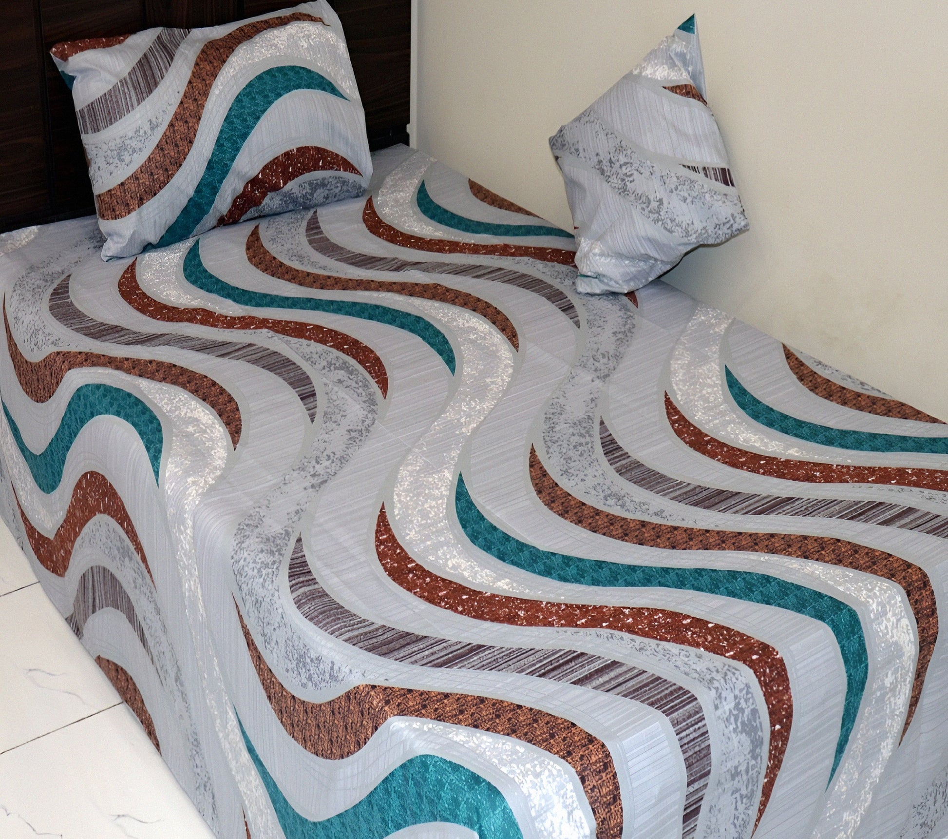 Silver base cotton bedsheet with wave pattern in teal, copper brown, and white.