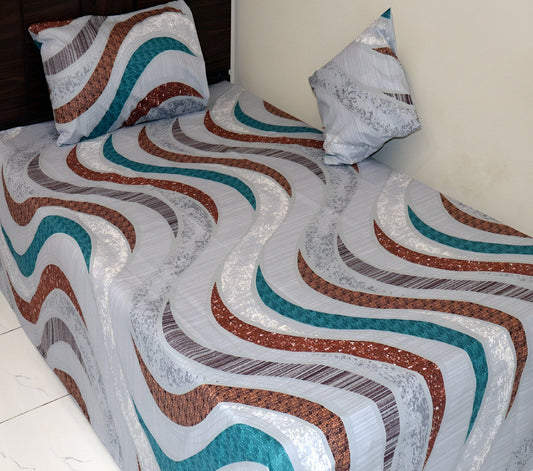 Silver base cotton bedsheet with wave pattern in teal, copper brown, and white.