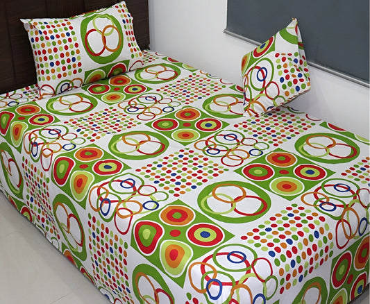 Wholesale cotton bedsheet with colorful circle and dot design for resale.